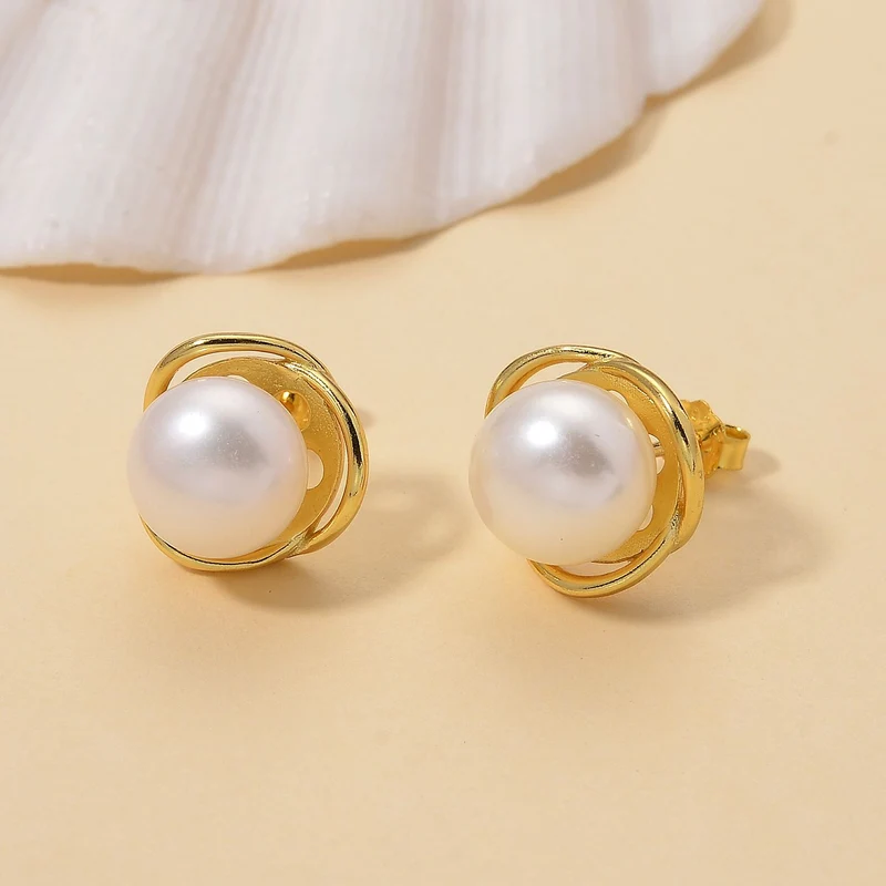 Weiße Süßwasser Perle (8-10 mm) Ohrringe 925 Silber vergoldet