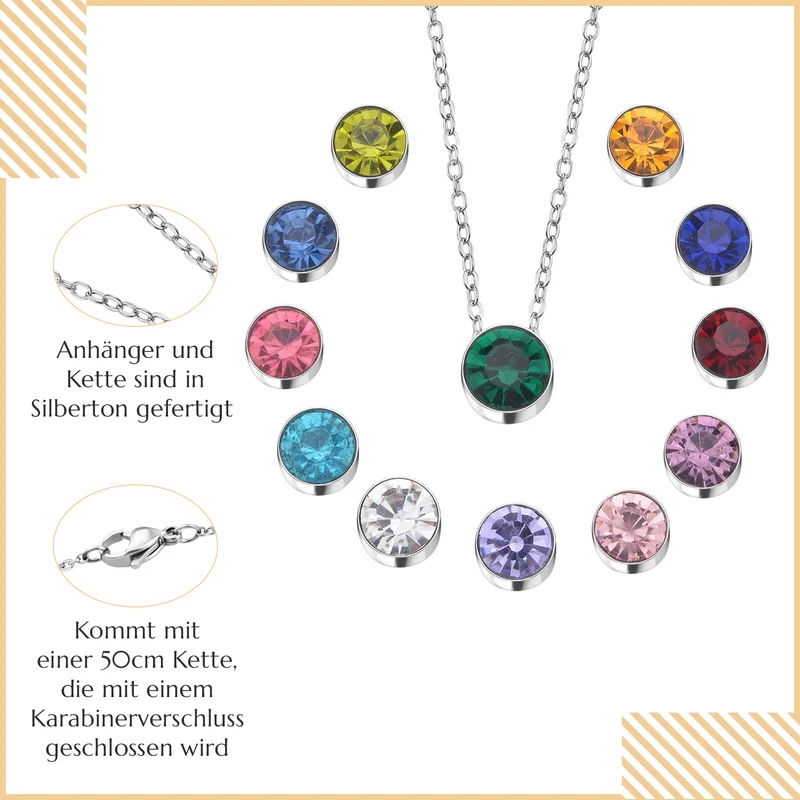 Mehrfarbige Kristall-316L Edelstahl kette mit 12 austauschbaren Kristallen, ca. 45 cm, Silberfarben