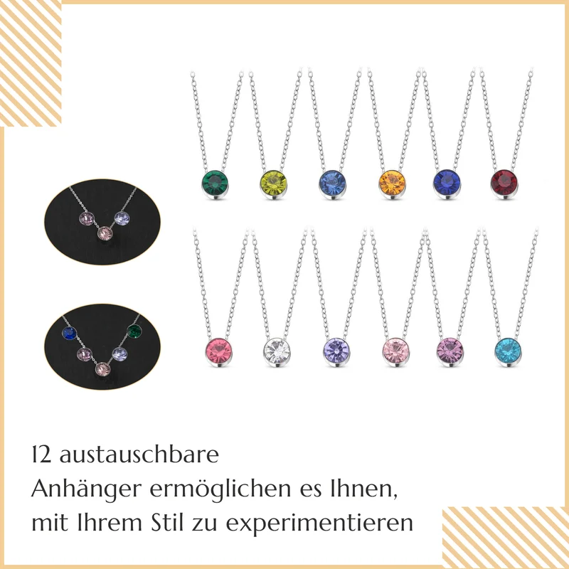 Mehrfarbige Kristall-316L Edelstahl kette mit 12 austauschbaren Kristallen, ca. 45 cm, Silberfarben