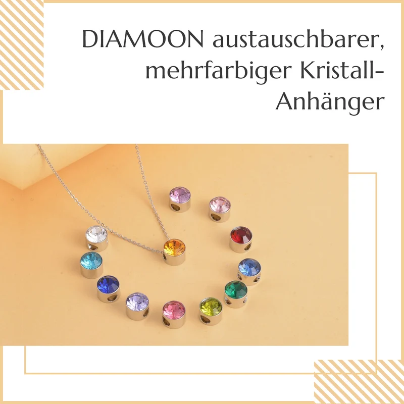 Mehrfarbige Kristall-316L Edelstahl kette mit 12 austauschbaren Kristallen, ca. 45 cm, Silberfarben