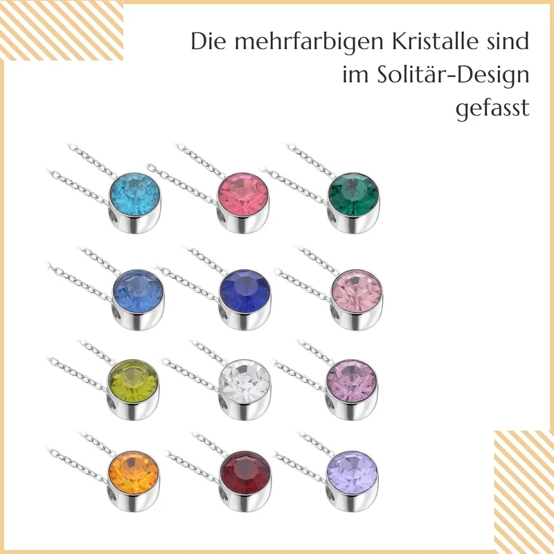 Mehrfarbige Kristall-316L Edelstahl kette mit 12 austauschbaren Kristallen, ca. 45 cm, Silberfarben