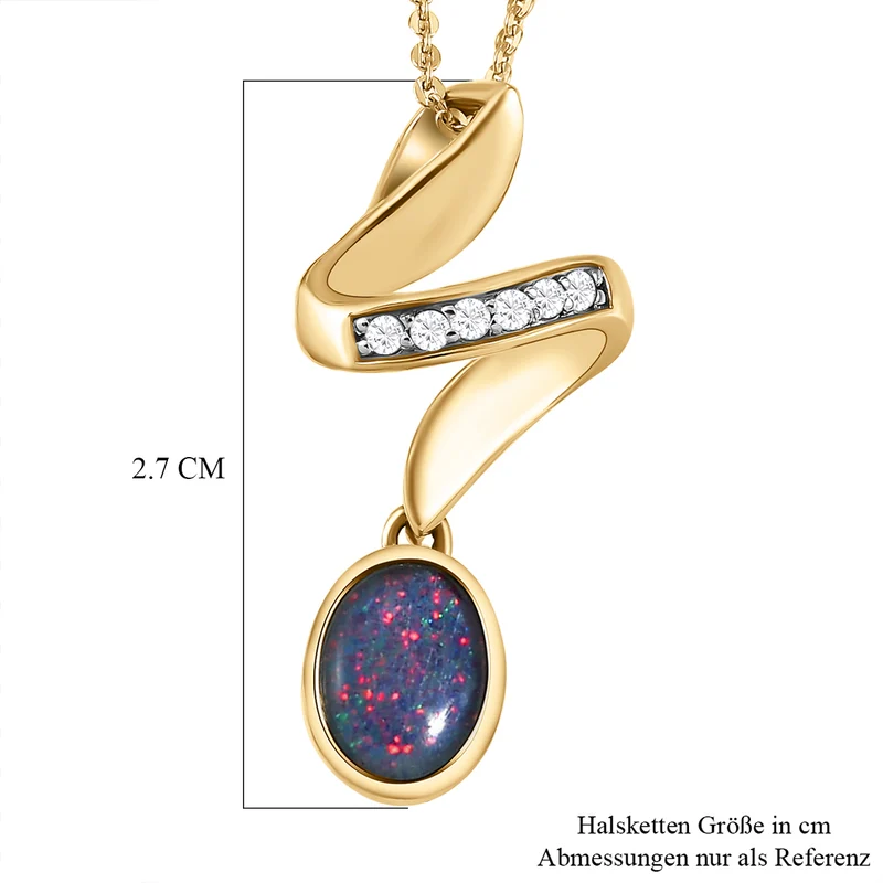 Boulder Opal Triplett und weißer Zirkon-Anhänger mit Kette, 925 Silber vergoldet ca. 1.04 ct