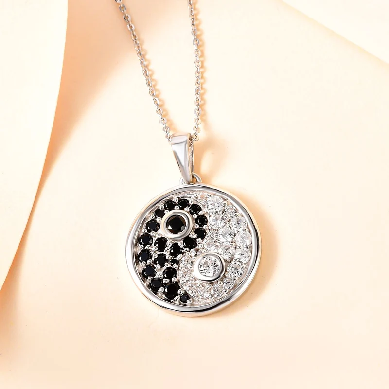 Weißer Zirkon und schwarzer Spinell Anhänger mit Kette, 925 Silber platiniert ca. 2,12 ct
