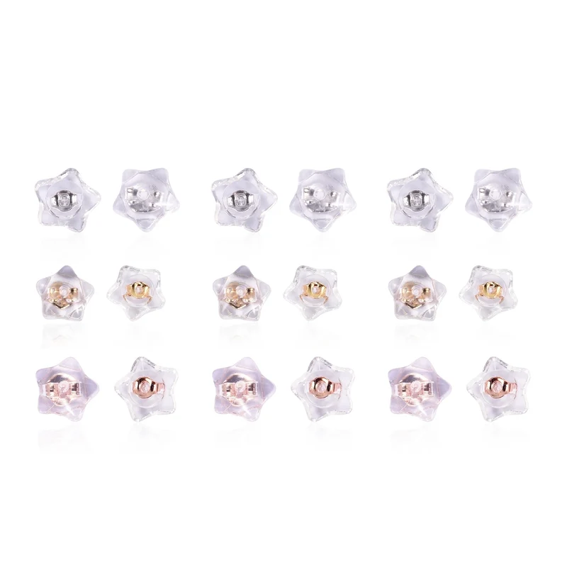 9 Paar Ohrstopper Set Stern, 925 Silber Kern mit Silikon, Mix rhodiniert vergoldet rosévergoldet