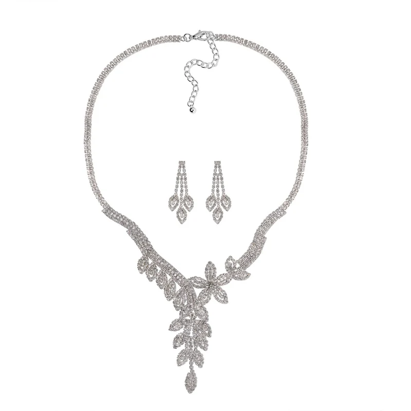 2er Set - Weißer Kristall Halskette und Ohrringe Schmuckset, Messing