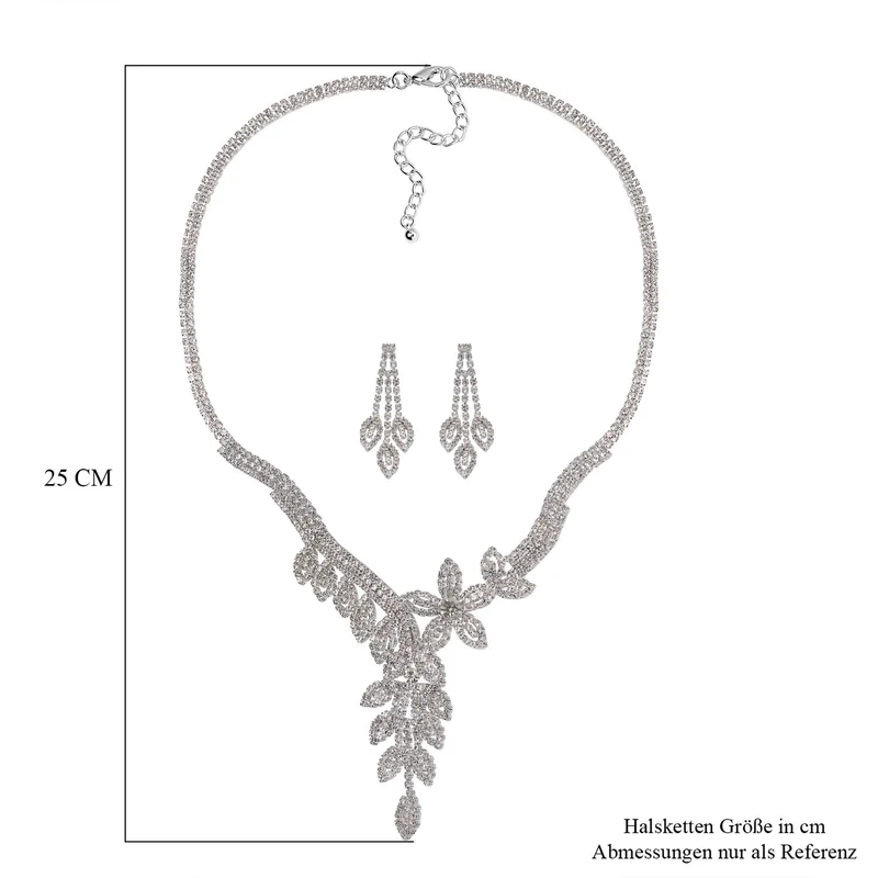 2er Set - Weißer Kristall Halskette und Ohrringe Schmuckset, Messing