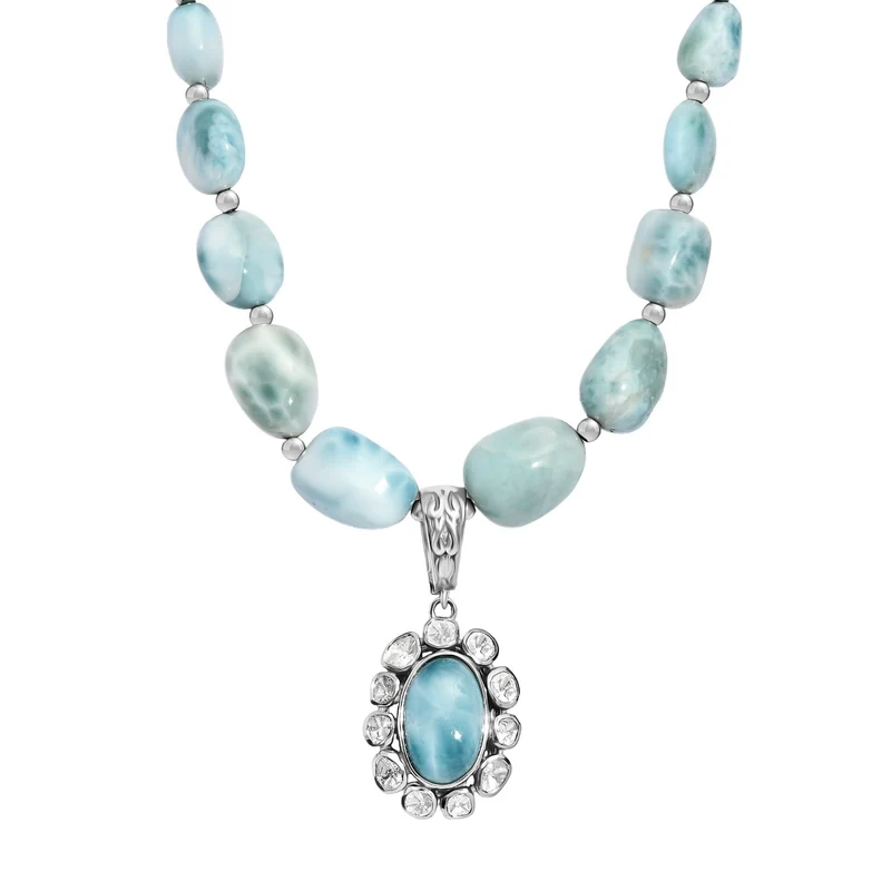 D'Joy AA Larimar und Labor Polki Diamant 45cm Halskette, 925 Silber rhodiniert - 136,27 ct.