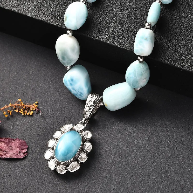 D'Joy AA Larimar und Labor Polki Diamant 45cm Halskette, 925 Silber rhodiniert - 136,27 ct.