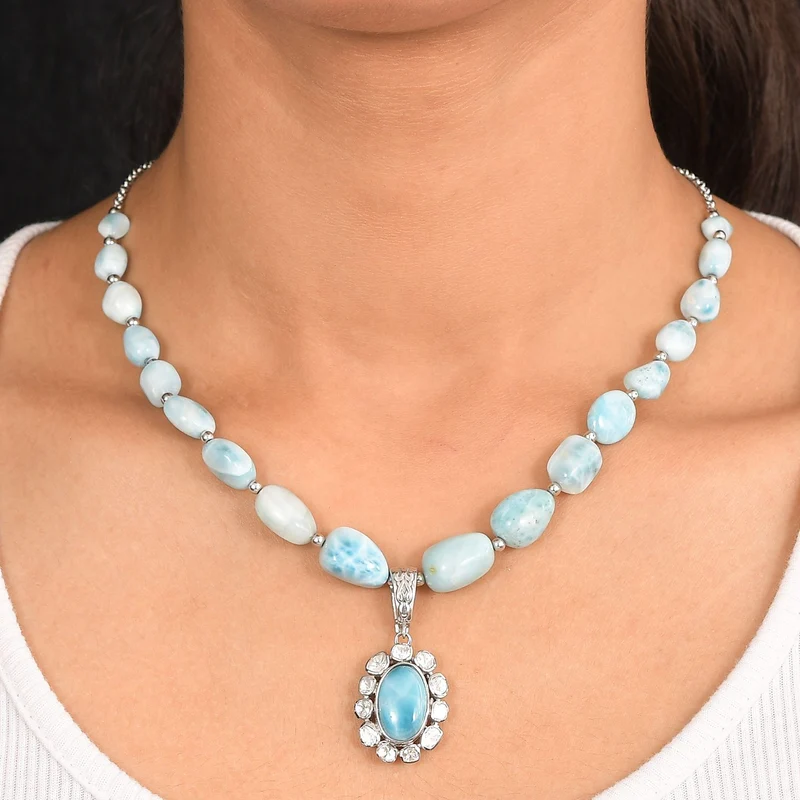 D'Joy AA Larimar und Labor Polki Diamant 45cm Halskette, 925 Silber rhodiniert - 136,27 ct.