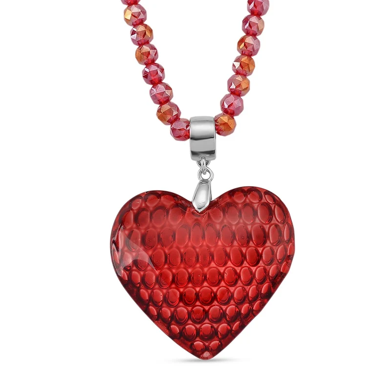 2er Set - Roter Kristall Herz Anhänger und beads Halskette mit Varioclip-Verschluss, ca. 50 cm