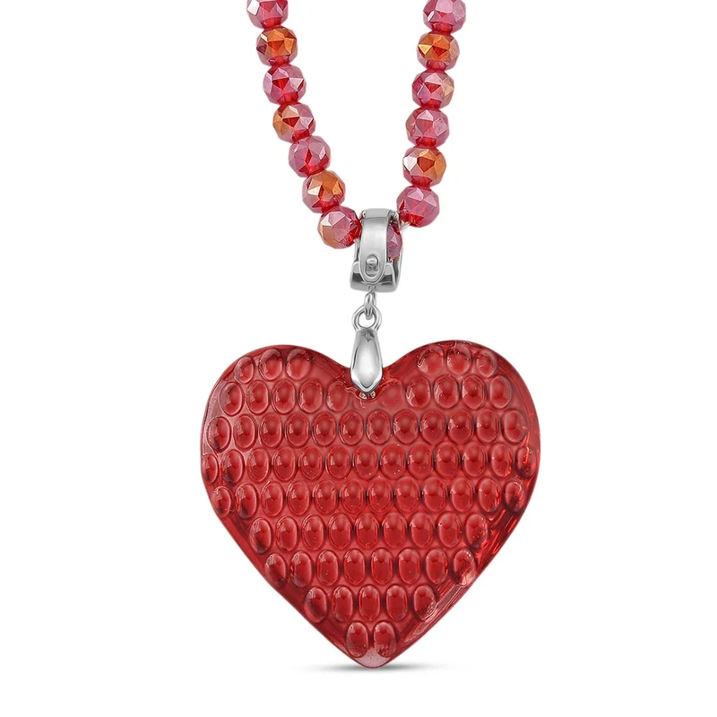 2er Set - Roter Kristall Herz Anhänger und beads Halskette mit Varioclip-Verschluss, ca. 50 cm