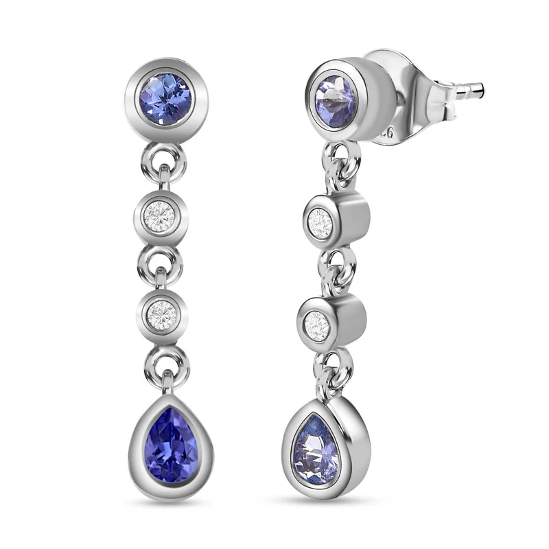 Tansanit und weiße Zirkon Ohrringe, 925 Silber platiniert, ca. 0.58 ct