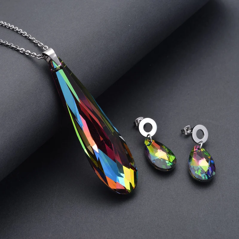Mehrfarbige Glas-Ohrringe und Anhänger mit Kette, reiner Edelstahl