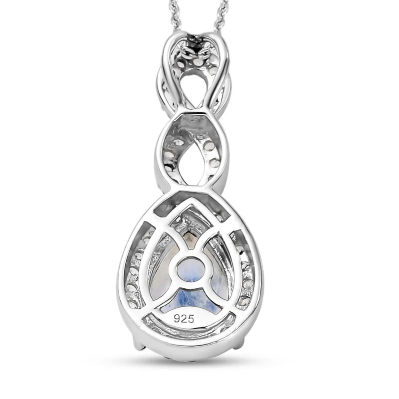 Premium Regenbogen Mondstein und weißer Zirkon-Anhänger mit Kette, 925 Silber platiniert ca. 4.36 ct
