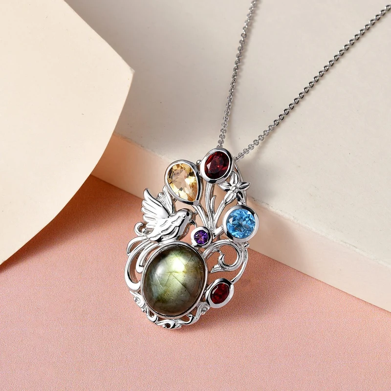 Labradorit und mehrfarbiger Edelstein-Anhänger mit Kette, 925 Silber platiniert ca. 8.05 ct