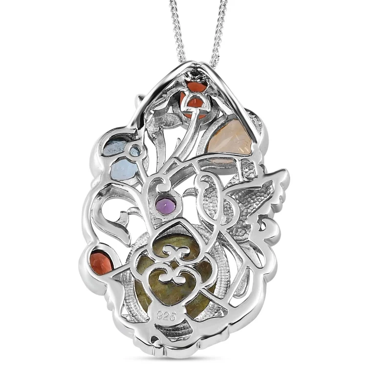 Labradorit und mehrfarbiger Edelstein-Anhänger mit Kette, 925 Silber platiniert ca. 8.05 ct