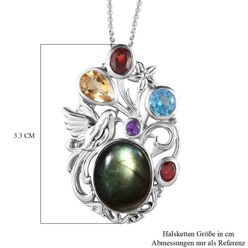 Labradorit und mehrfarbiger Edelstein-Anhänger mit Kette, 925 Silber platiniert ca. 8.05 ct