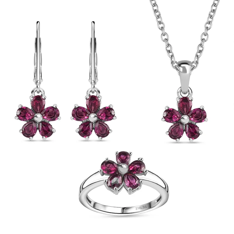 Rhodolith Granat Schmuckset Edelstahl ca. 3,31 ct.
