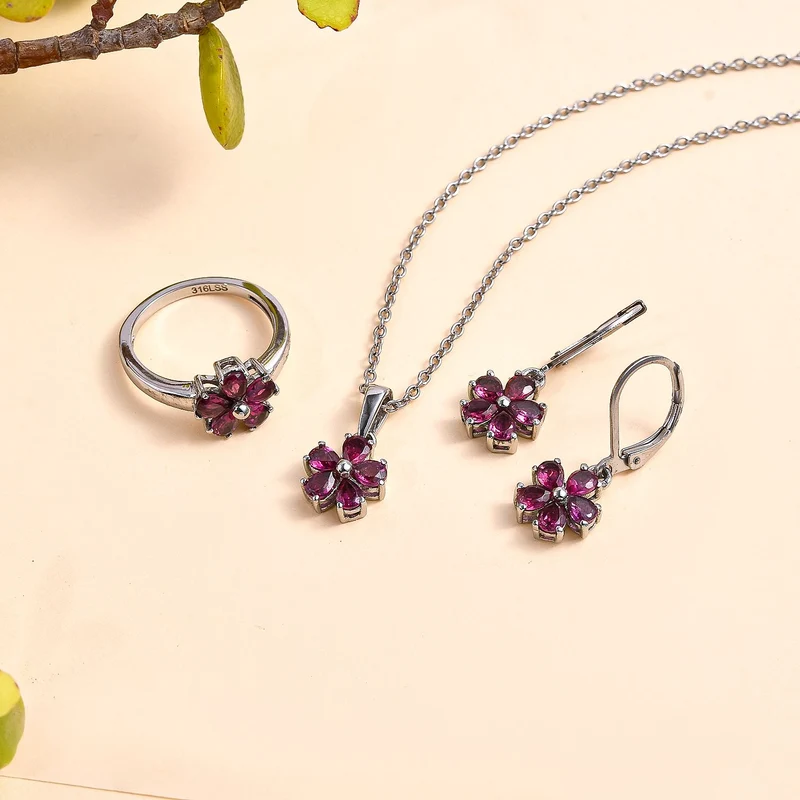 Rhodolith Granat Schmuckset Edelstahl ca. 3,31 ct.