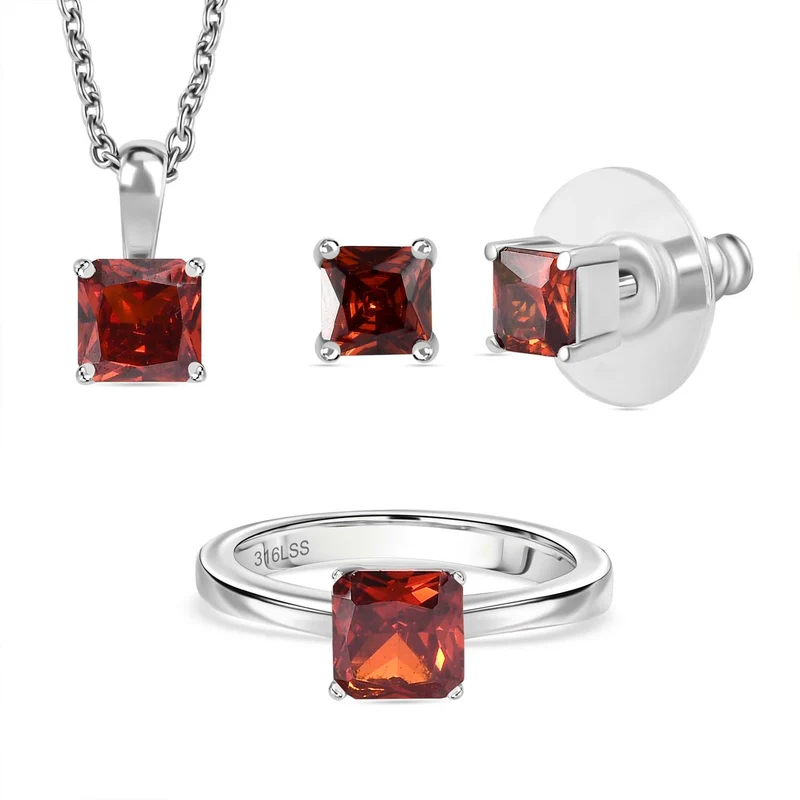 3er Set - Roter Diopsid Zirkonia Anhänger mit Kette, Ring und Ohrringe (Größe 21.00), Edelstahl