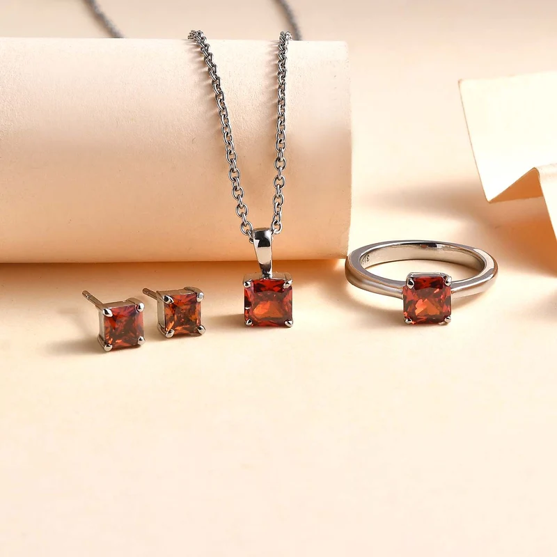 3er Set - Roter Diopsid Zirkonia Anhänger mit Kette, Ring und Ohrringe (Größe 21.00), Edelstahl