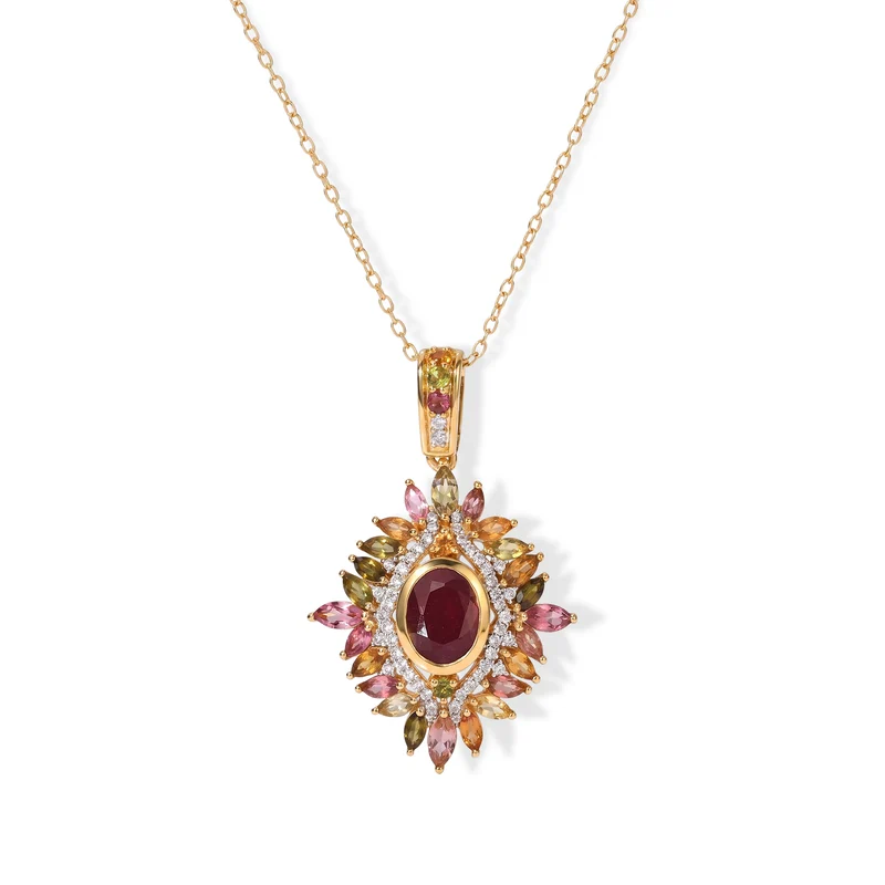 D'Joy afrikanischer Rubin (Fissure gefüllt), Multi-Turmalin und Zirkon Anhänger mit 50cm Kette, 925 Silber 750 Gelbgold Vermeil - 5,55 ct.