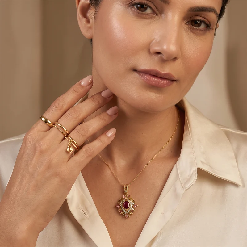 D'Joy afrikanischer Rubin (Fissure gefüllt), Multi-Turmalin und Zirkon Anhänger mit 50cm Kette, 925 Silber 750 Gelbgold Vermeil - 5,55 ct.