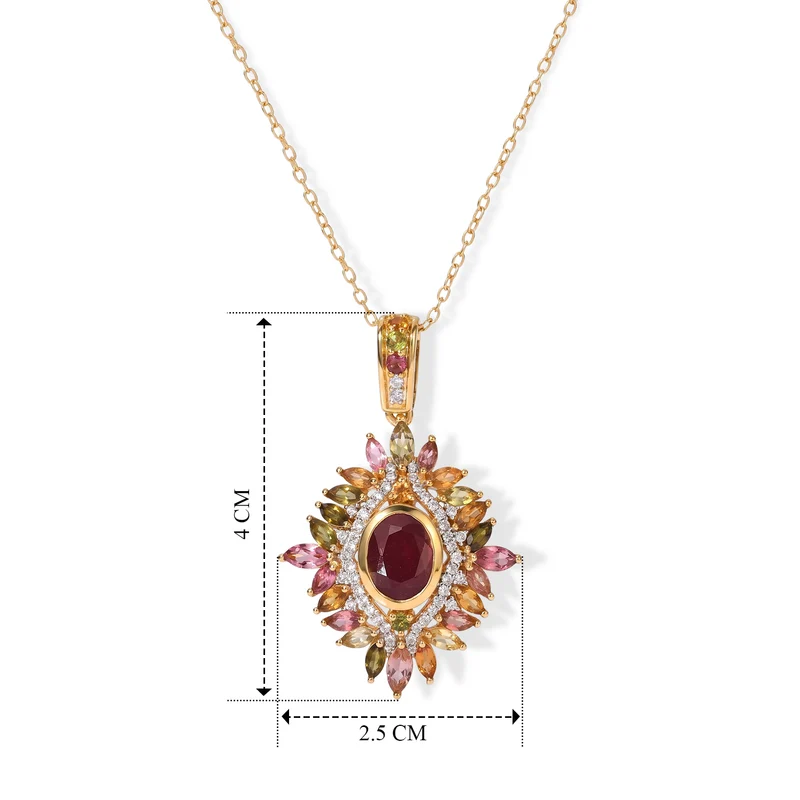 D'Joy afrikanischer Rubin (Fissure gefüllt), Multi-Turmalin und Zirkon Anhänger mit 50cm Kette, 925 Silber 750 Gelbgold Vermeil - 5,55 ct.