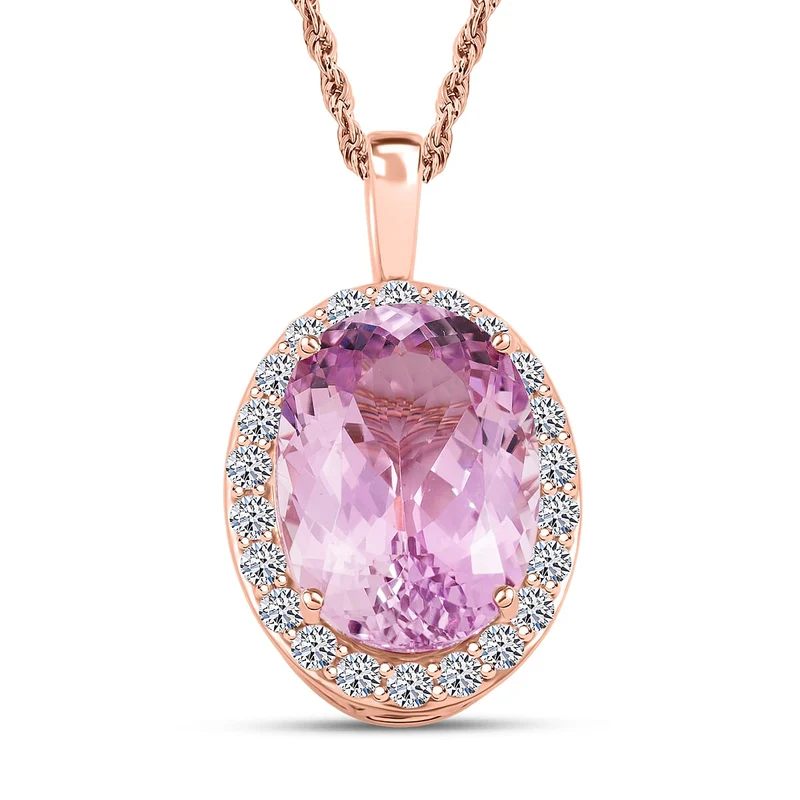 AAA Martha Rocha Kunzite, Lab Grown Diamant Schmuckset (9-14 Werktage Lieferzeit) ca. 45 cm, AGI zertifiziert und geprüft, 417 Rosa Gold ca. 15.64 ct