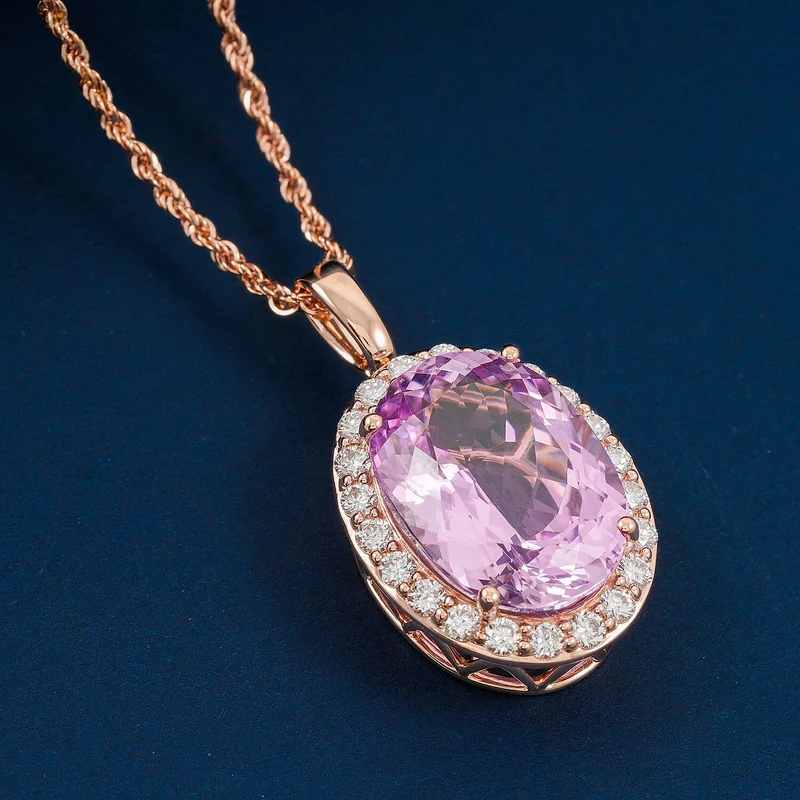 AAA Martha Rocha Kunzite, Lab Grown Diamant Schmuckset (9-14 Werktage Lieferzeit) ca. 45 cm, AGI zertifiziert und geprüft, 417 Rosa Gold ca. 15.64 ct