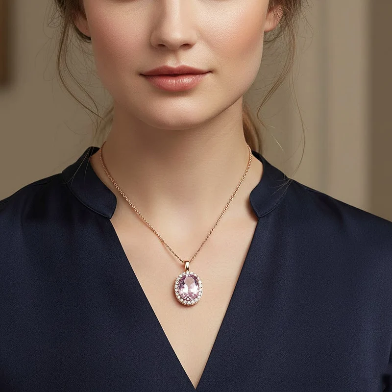AAA Martha Rocha Kunzite, Lab Grown Diamant Schmuckset (9-14 Werktage Lieferzeit) ca. 45 cm, AGI zertifiziert und geprüft, 417 Rosa Gold ca. 15.64 ct