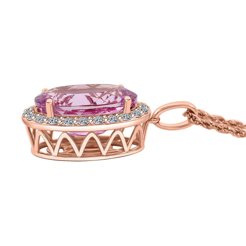 AAA Martha Rocha Kunzite, Lab Grown Diamant Schmuckset (9-14 Werktage Lieferzeit) ca. 45 cm, AGI zertifiziert und geprüft, 417 Rosa Gold ca. 15.64 ct
