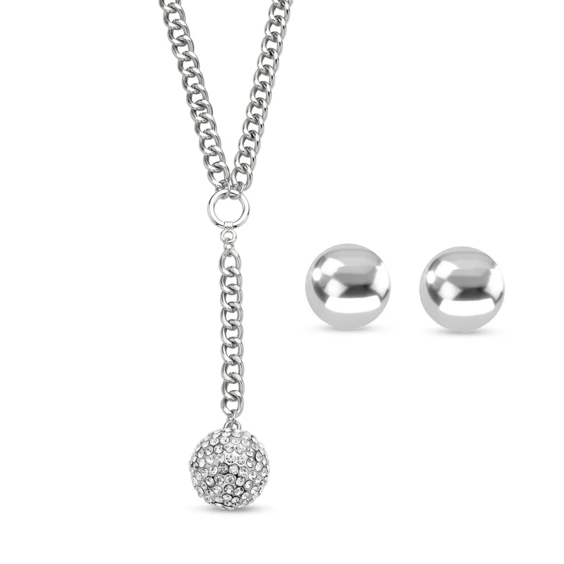 2er Set - Weißes Kristall-Collier und Ohrstecker, ca. 50 cm, silberfarben