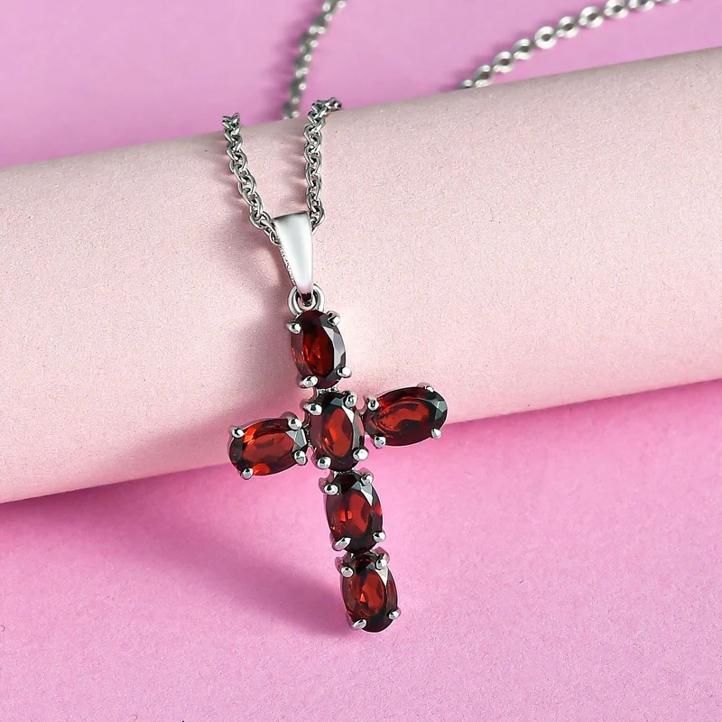 Roter Granat Kreuz-Anhänger, Edelstahl ca. 3.36 ct