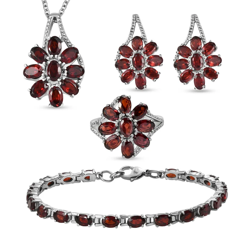 Roter Granat Schmuckset Edelstahl ca. 31.82 ct