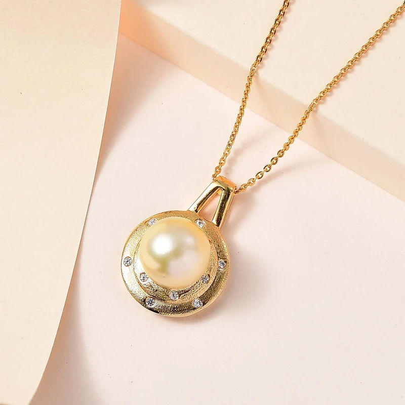 AA Goldene Südsee Perle, Weißer Zirkon Schmuckset 925 Silber 750 Gelb Vermeil