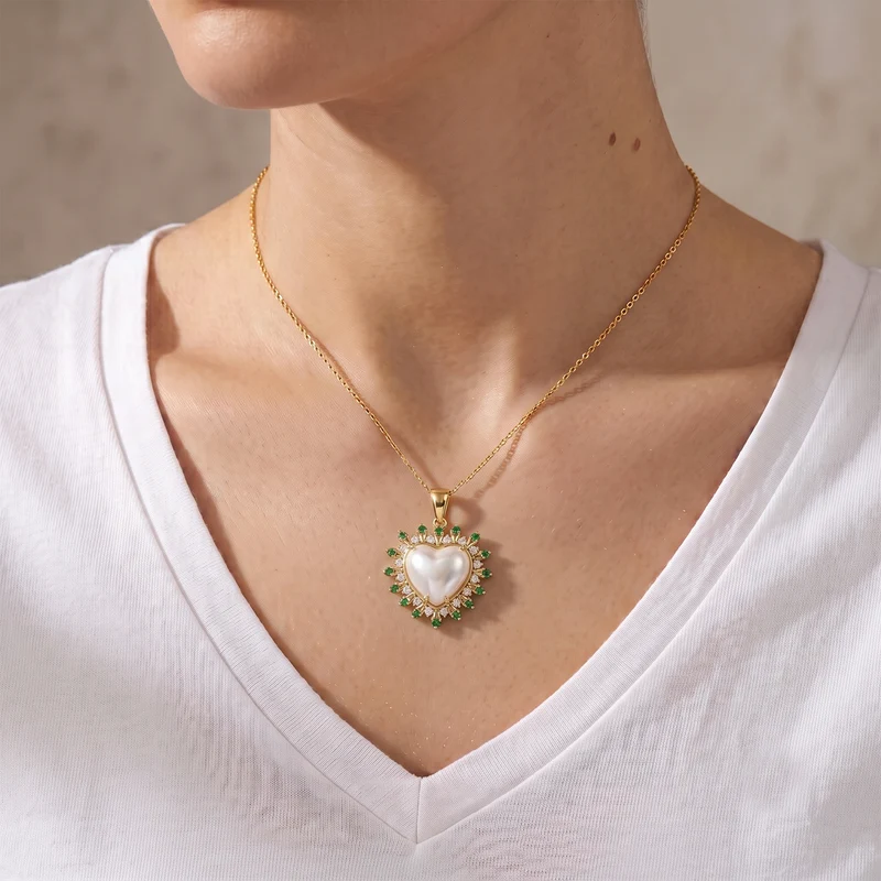D'Joy Weiße Mabe Perle (14 mm), Natürlicher Chromdiopsid Schmuckset ca. 50 cm 925 Silber 750 Gelbgold vermeil 6.11 ct