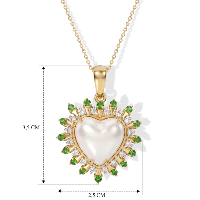 D'Joy Weiße Mabe Perle (14 mm), Natürlicher Chromdiopsid Schmuckset ca. 50 cm 925 Silber 750 Gelbgold vermeil 6.11 ct