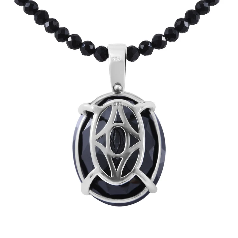 Schwarzer Spinell Anhänger mit Kette, 925 Silber platiniert ca. 103.85 ct