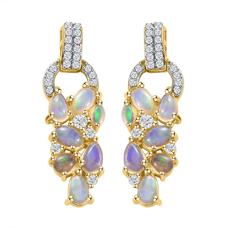Natürliche, äthiopische Opal und weiße Zirkon-Ohrringe, 925 Silber, Gelbgold Vermeil ca. 2,46 ct