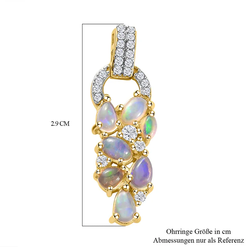 Natürliche, äthiopische Opal und weiße Zirkon-Ohrringe, 925 Silber, Gelbgold Vermeil ca. 2,46 ct