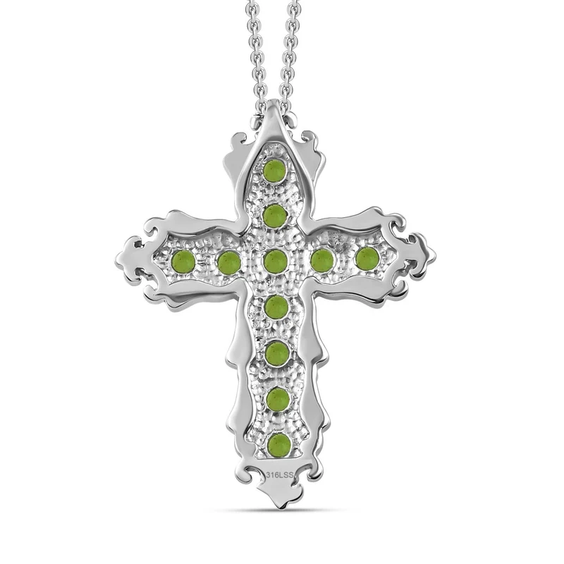 Natürlicher Chromdiopsid Kreuz-Anhänger mit Kette, Edelstahl ca. 1.25 ct