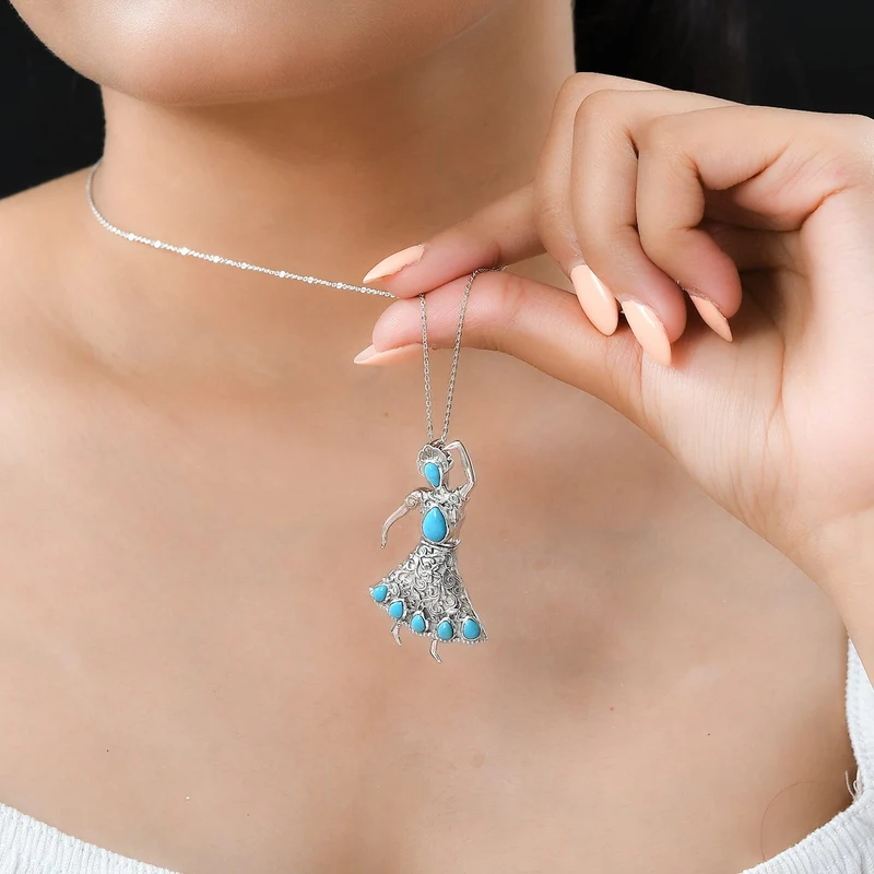 Sleeping Beauty Türkis Anhänger mit Kette, 925 Silber platiniert ca. 1.72 ct