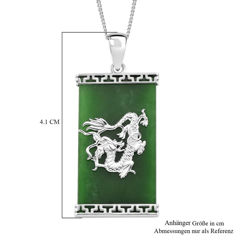 Grüne Jade Drachen-Anhänger mit Kette, 925 Silber rhodiniert, ca. 17.24 ct