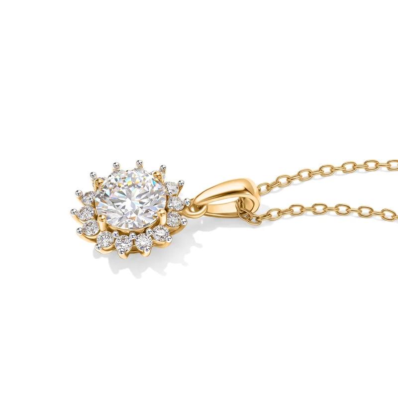 D'Joy GRA zertifizierter Moissanit Anhänger mit 50cm Kette, 925 Silber 750 Gelbgold Vermeil - 2,18 ct.