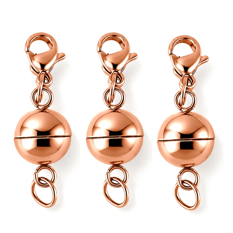 3er Set - Magnetverschluss Rundform, mit Karabinerverschluss, 316L Edelstahl, Rosévergoldet, ca. 9.30g