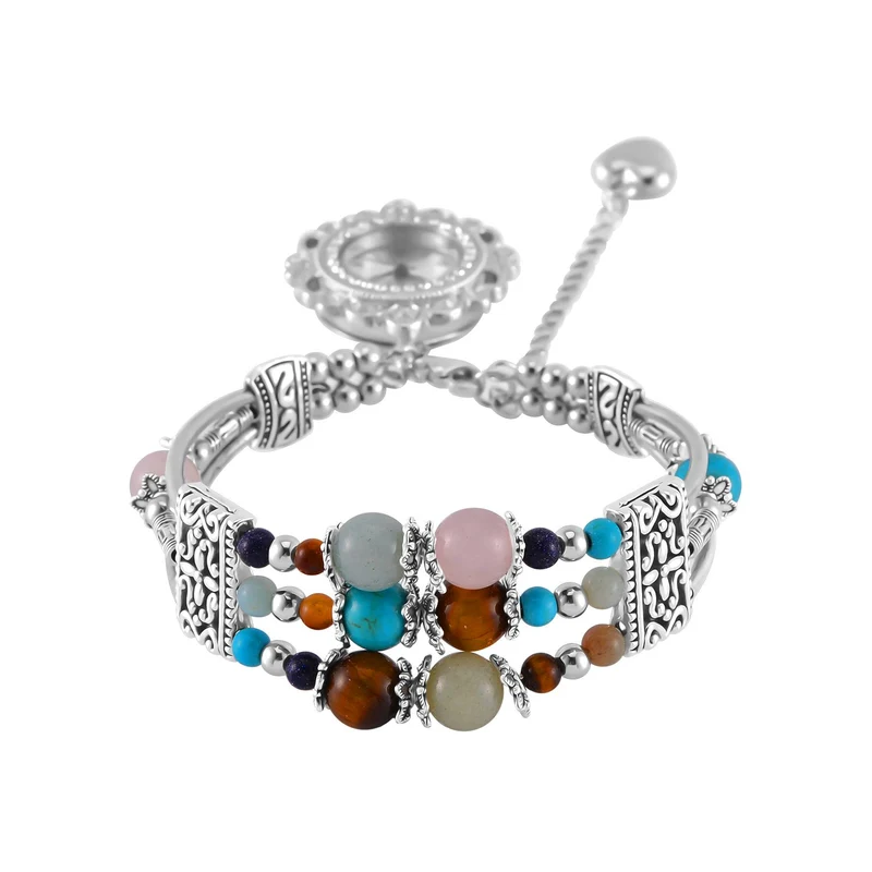 STRADA - Gelbes Tigerauge verstellbare Perlenarmbanduhr mit Legierungsgehäuse und japanischem Uhrwerk, 17-21 cm, Reiner Edelstahl