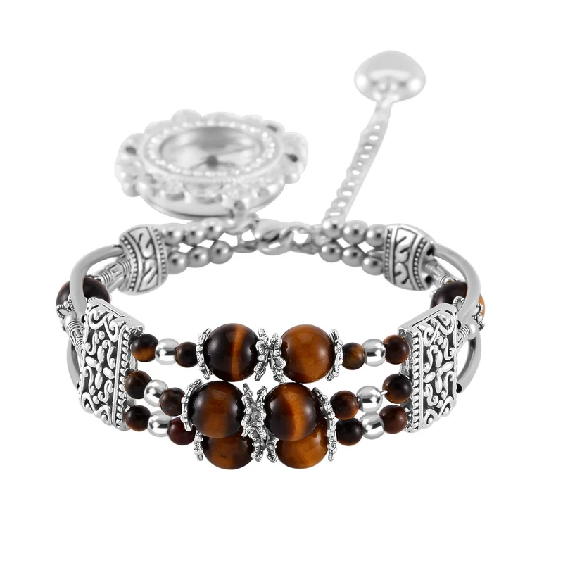 STRADA - Gelbes Tigerauge verstellbare Perlenarmbanduhr mit Legierungsgehäuse und japanischem Uhrwerk, 17-21 cm, Reiner Edelstahl