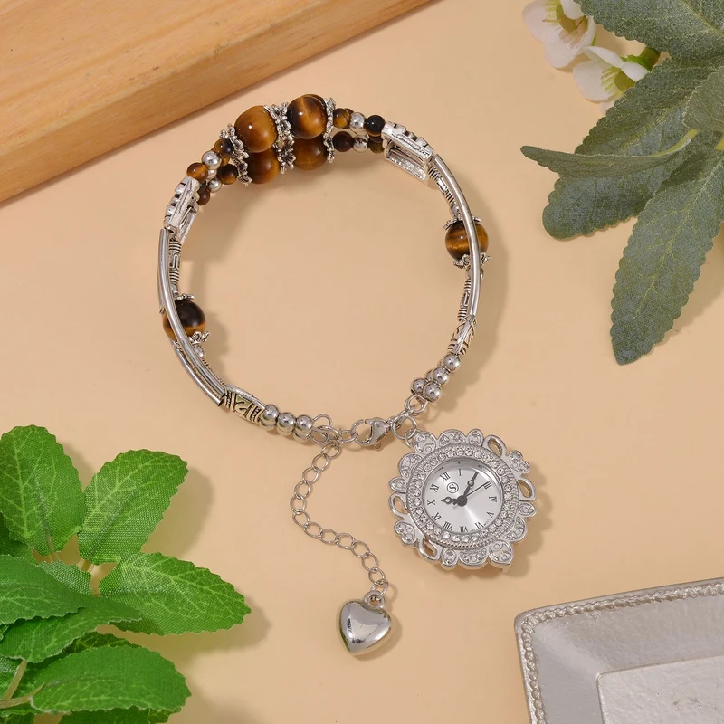 STRADA - Gelbes Tigerauge verstellbare Perlenarmbanduhr mit Legierungsgehäuse und japanischem Uhrwerk, 17-21 cm, Reiner Edelstahl