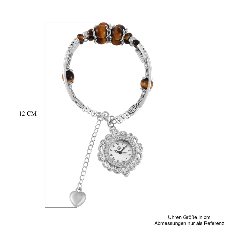 STRADA - Gelbes Tigerauge verstellbare Perlenarmbanduhr mit Legierungsgehäuse und japanischem Uhrwerk, 17-21 cm, Reiner Edelstahl